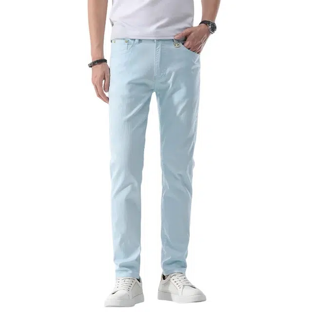 吉肯蒂 高端浅色休闲百搭修身裤男士夏季款小直筒长裤牛仔裤 男款