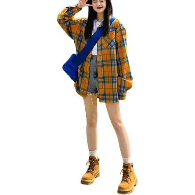 玉儿恋 格子设计宽松休闲简约长袖衬衫 女款 黄色