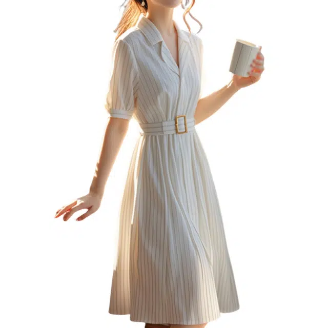 木清清 法式优雅收腰修身显高遮肉显瘦简约条纹短袖连衣裙 女款