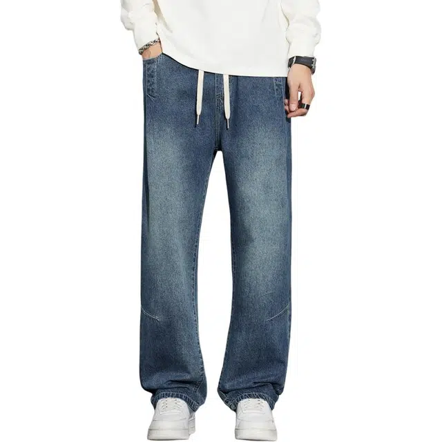 帝狼牛 美式复古直筒拼接设计感潮牌高街系带松紧腰日常通勤休闲长裤 牛仔裤 男女同款