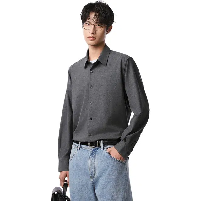 棉先生 含羊毛色纺纯色方领标准长袖衬衫 男款