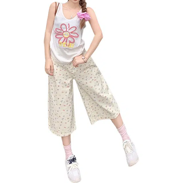 如续 复古高腰宽松碎花阔腿裤小众百搭七分裤女牛仔短裤 女款