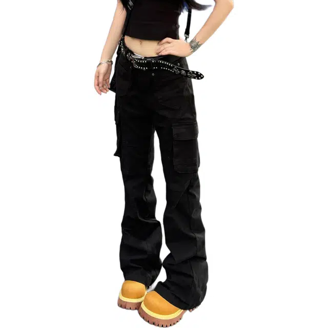 帝狼牛 美式高街复古风多口袋水洗做旧迷彩裤时尚百搭修身微喇显高显瘦牛仔裤 女款