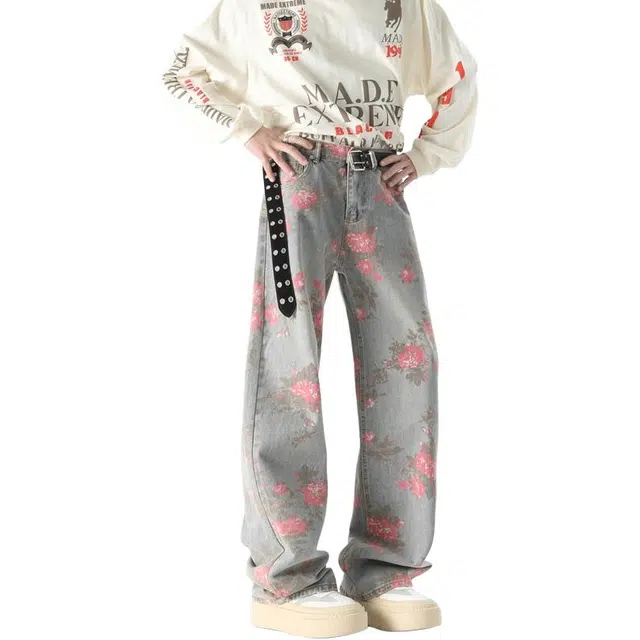 木林森 美式街头嘻哈个性花卉满印复古水洗百搭通勤宽松休闲垂感直筒牛仔裤 男女同款 蓝色