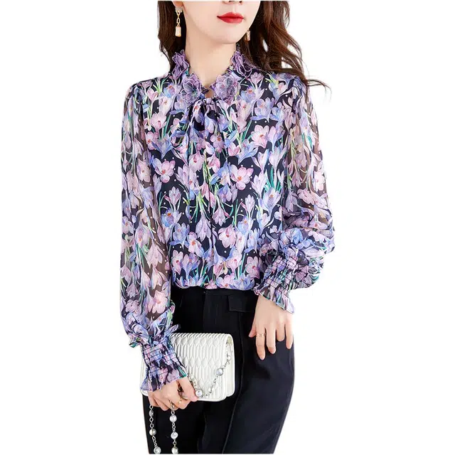 水墨佳人 时尚碎花立领长袖衬衫 女款