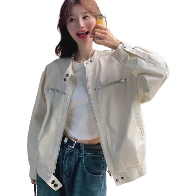 玉儿恋 美式复古工装时髦小个子夹克外套 女款 米白色