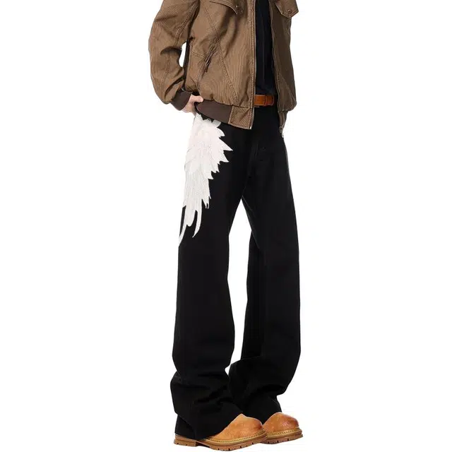 物质公式 万针刺绣微喇弯刀巴黎神裤美式复古高街水洗做旧废土风蕾丝贴布绣高级窄版设计高腰显瘦修身通勤垂感阔腿直筒牛仔裤 男女同款