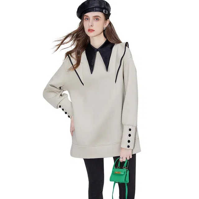 她池 气质荷叶边宽松套头中长款上衣撞色卫衣 女款