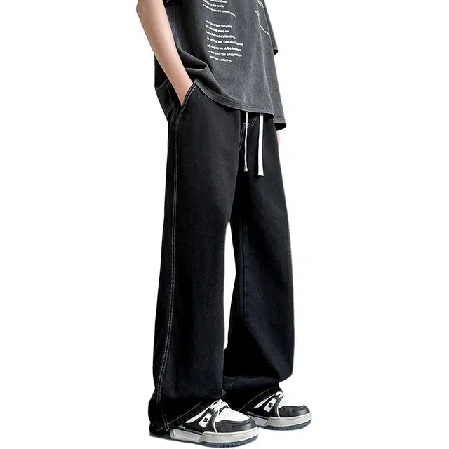 么宁 美式复古宽松直筒垂感简约百搭舒适透气弹力潮牌牛仔裤 男女同款