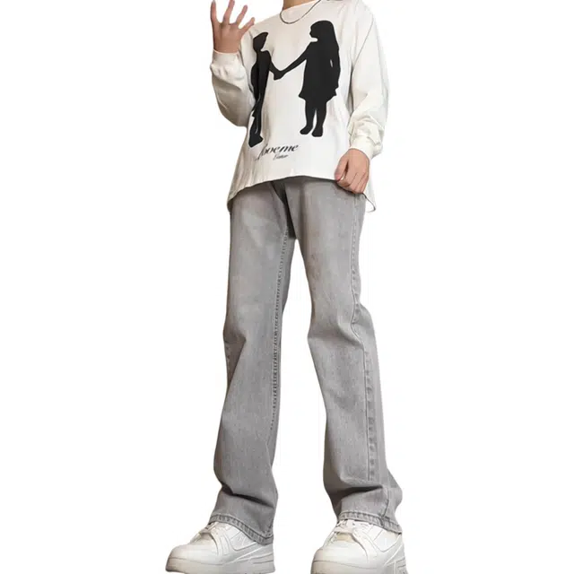 八哥 巴黎弯刀微喇裤美式高街个性简约基础款水洗做旧学院风修身纯色百搭弹力显高拉链通勤牛仔裤 男女同款