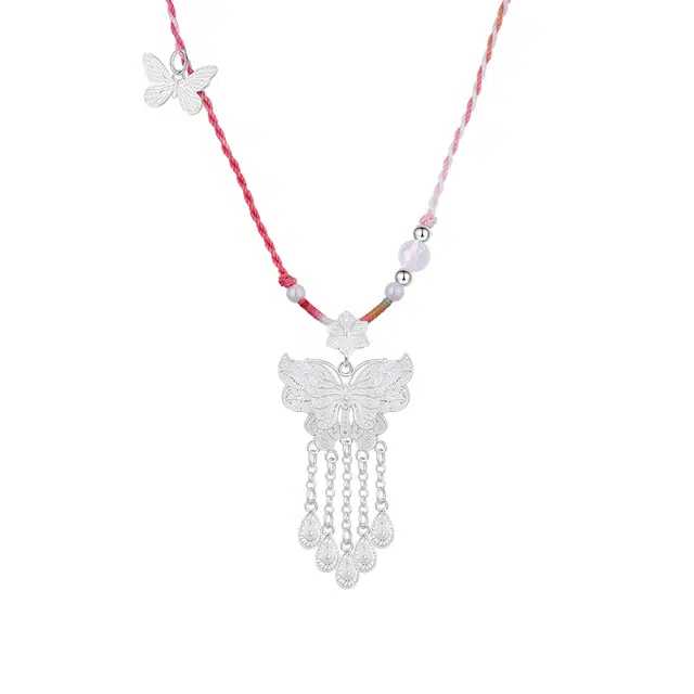 心草 原创梦幻花丝蝴蝶流苏 新中式古法手工编绳 国潮甜美少女心森系小清新 古风 足银 项链 女款