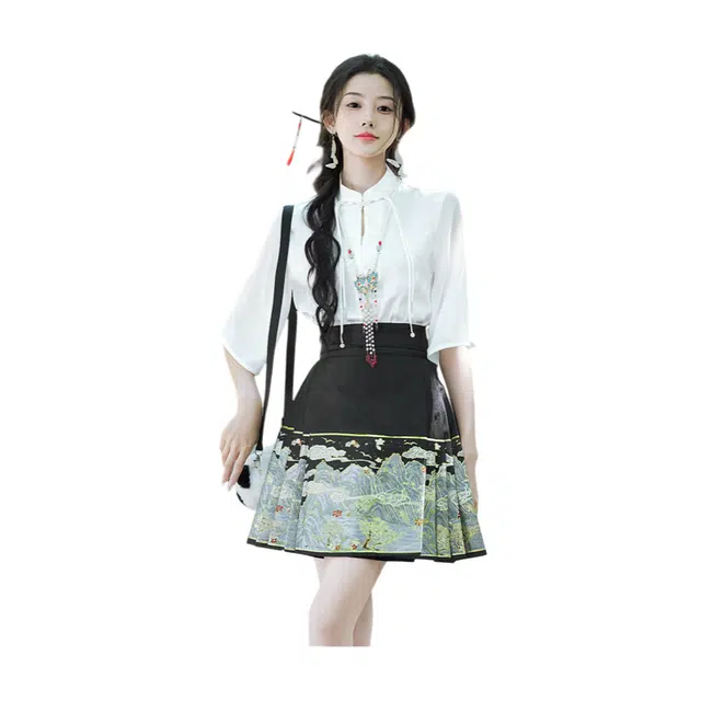 荟萃阁 新中式女装盘扣复古提花中袖上衣短裙马面裙两件套裙装套装 女款
