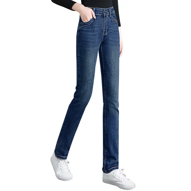 丝柏舍 水洗简约加绒直筒长款显瘦纯色口袋牛仔裤 女款