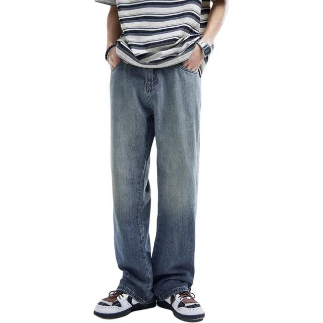 隐狼世家 美式水洗渐变阔腿夏季高街潮牌直筒拖地长裤牛仔裤 男款