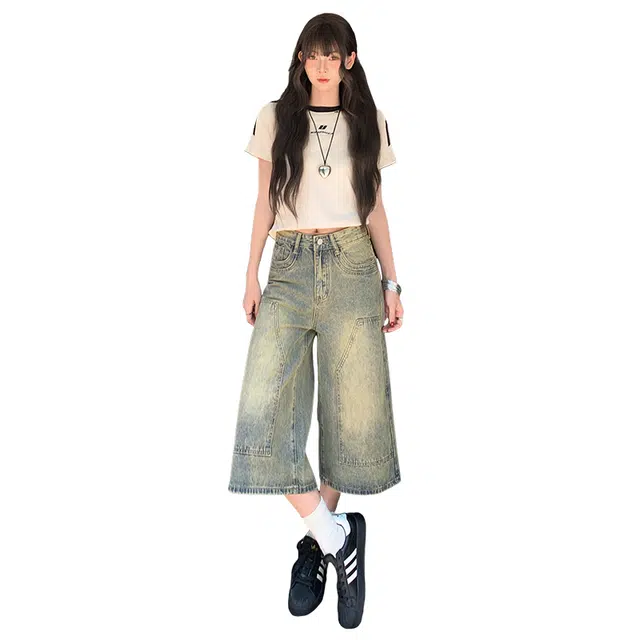 玫丝朵 美式复古七分裤宽松阔腿直筒牛仔短裤 女款