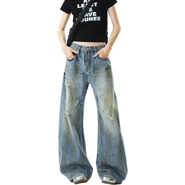 颂希尔 美式复古裂纹水洗做旧脏染破洞牛仔裤潮牌时尚宽松休闲裤 男女同款