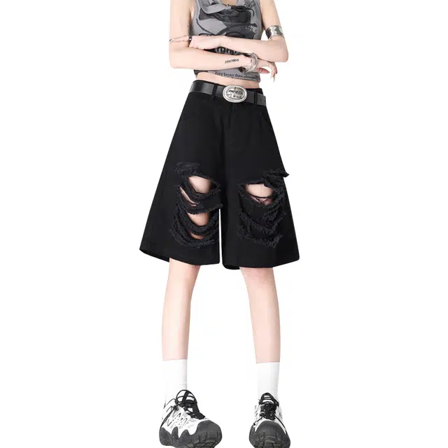 玫丝朵 美式高街复古破洞宽松直筒牛仔短裤 女款