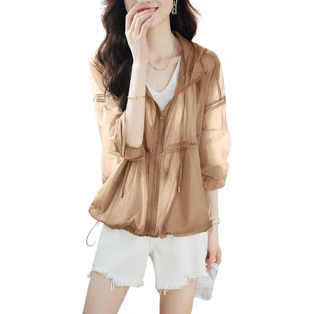 沫晗依美 连帽镂空花边纯色长袖防晒服 女款 卡其色