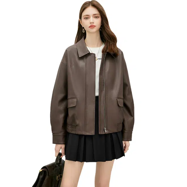 她池 翻领美式复古宽松休闲夹克外套 女款 咖色