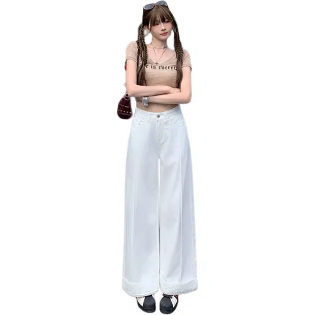 玫丝朵 学院风翻边拼接高腰显瘦直筒百搭垂感牛仔裤 女款