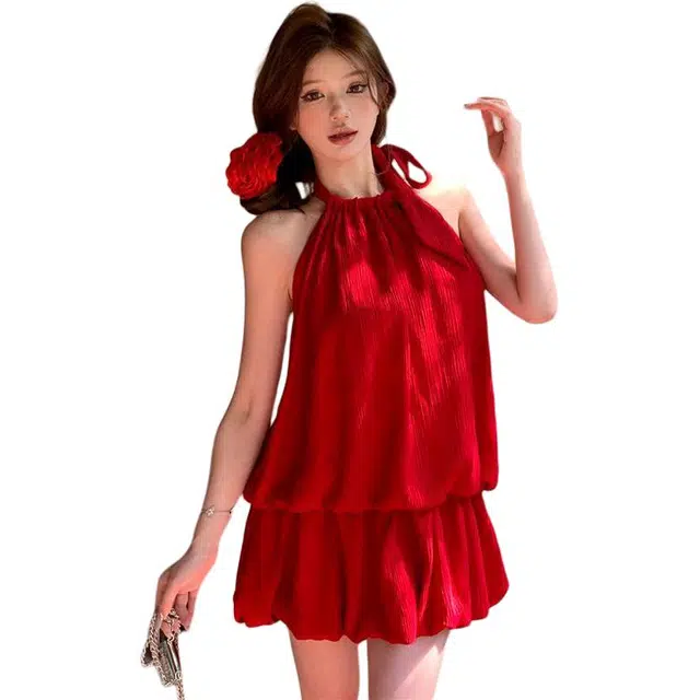 黛尔佳人 纯色挂肩雪纺脖露吊带气质裙子无袖连衣裙 女款