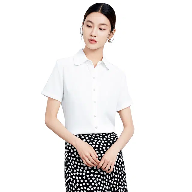 富铤 商务通勤纯色休闲翻领纽扣短袖衬衫 女款 白色