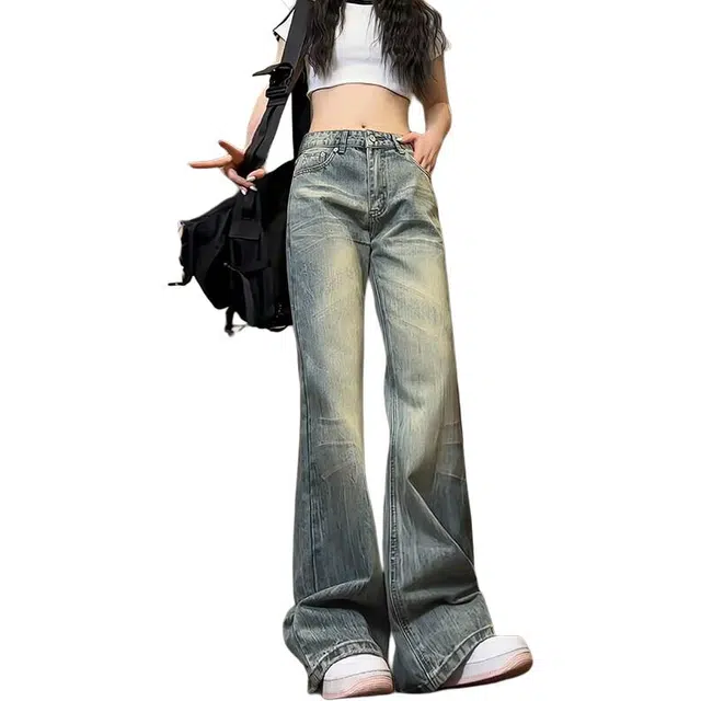 佐菲利 美式高街水洗做旧痞帅闪电纹设计直筒微喇潮流百搭牛仔裤 男女同款