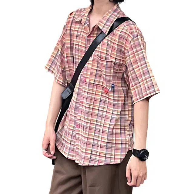 冈哉 美式复古撞色格纹口袋拼接设计宽松舒适通勤百搭休闲柔软亲肤短袖衬衫 男女同款