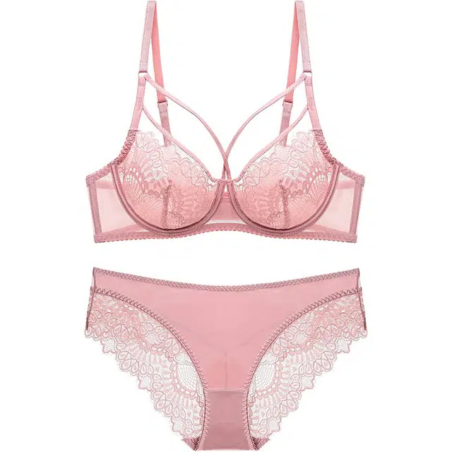 潞优野 蕾丝文胸超薄透明大胸显小防下垂上托性感内衣裤套装 女款