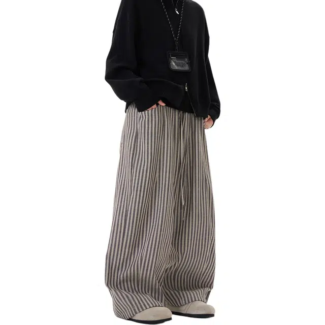 物质公式 美式高街复古条纹慵懒风垂感宽松百搭高级感直筒时尚潮流痞帅拖地阔腿日常通勤松弛感休闲裤 男女同款 灰色