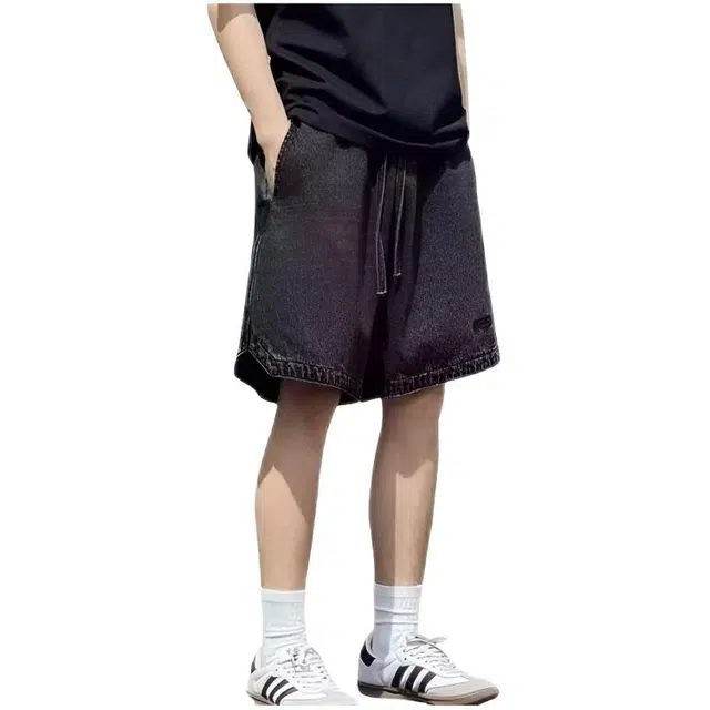 木木兔 男士夏季短裤美式潮流百搭男生裤子简约宽松直筒水洗五分裤夏天高街潮牌刺绣牛仔裤 男款