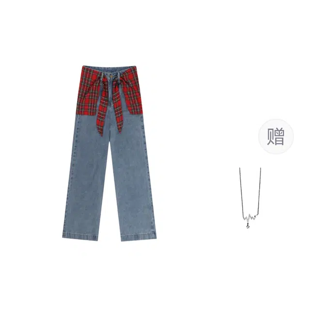 识恩 假两件宽松设计感垂感拖地牛仔裤 女款
