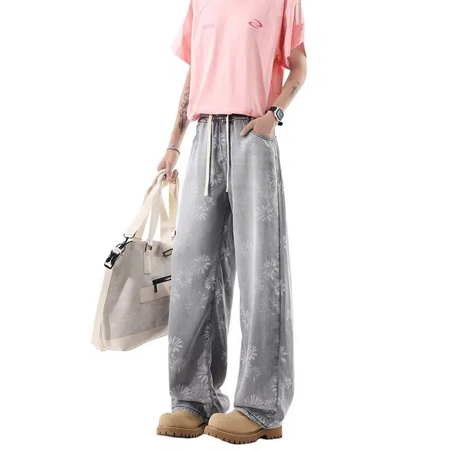 佐菲利 花卉满印美式高街设计感水洗阔腿垂感薄款长裤牛仔裤 男女同款