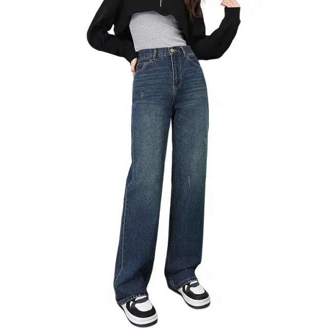 法文箱子 简约时尚百搭纯色直筒高腰长裤牛仔裤 女款