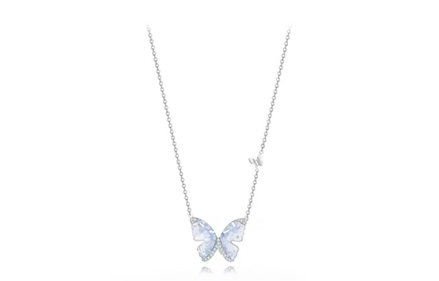 牧言 清冷气质森系简约小众设计高级感 光面立体碎石渐变蝶梦流苏水滴镂空交织线条锁骨链 钛钢 冰糖蝴蝶项链 女款