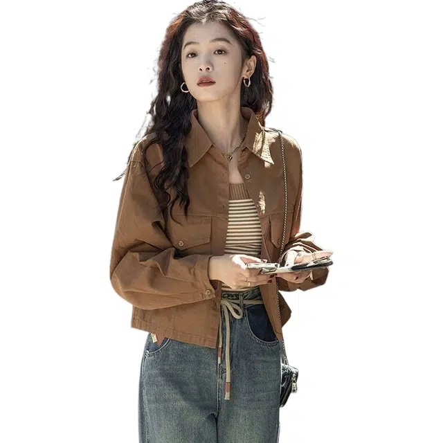 玉儿恋 设计感复古短款纯色夹克外套 女款