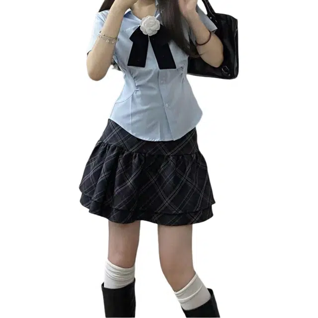 沐晓欣 收腰衬衫高腰蓬蓬短裙学院风裙装套装 女款