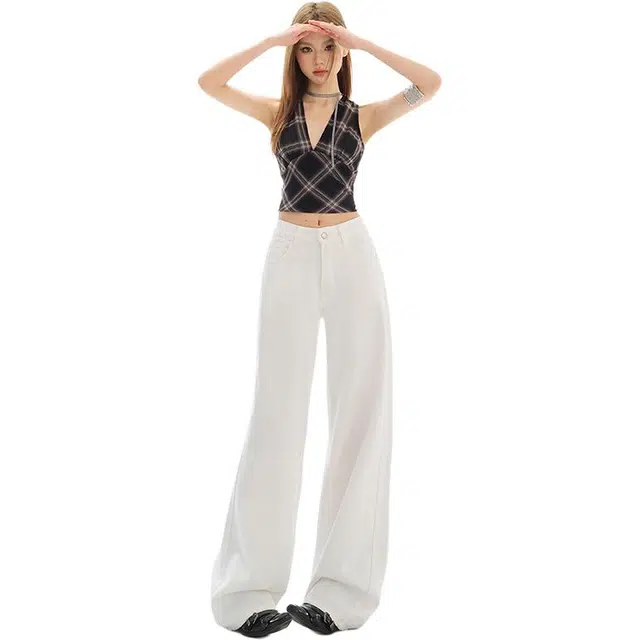 水中花 春夏百搭休闲高腰显瘦阔腿拖地裤牛仔裤 女款