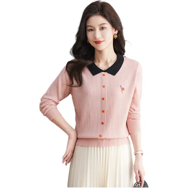 曲韩 拼色套头宽松娃娃领针织衫 女款