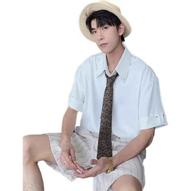 徐百货 薄款冰丝韩系穿搭高级感痞帅百搭短袖衬衫 男女同款