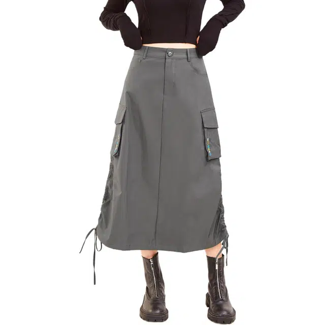 木果果木 抽褶工装合身高腰休闲长裙 女款 深灰