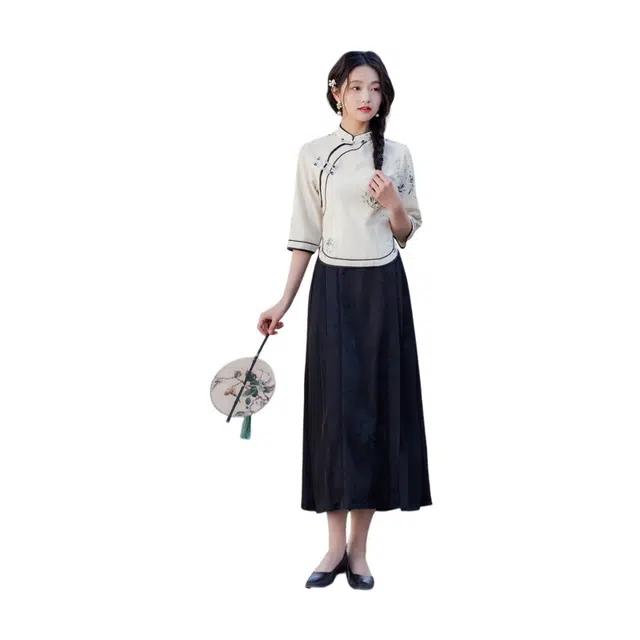 荟萃阁 唐装中袖手绘改良气质旗袍茶艺国风五分袖上衣文艺学生半裙新中式汉服裙装套装 女款