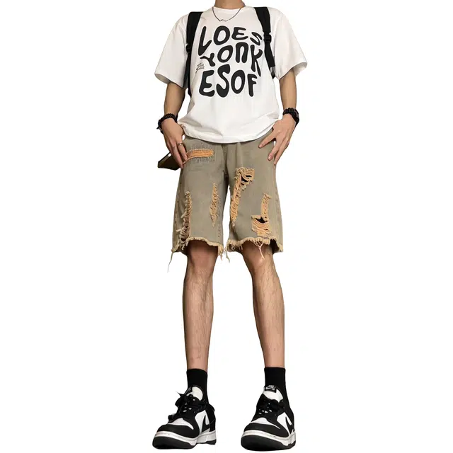 哲源 美式复古高街水洗做旧设计感日常通勤无性别主义嘻哈街头百搭宽松直筒废土风破洞五分裤牛仔短裤 男女同款