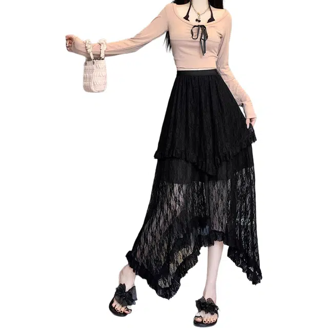 哒头下雨不愁 宽松小众设计款高腰气质不规则蕾丝蛋糕裙半身裙休闲长裙 女款
