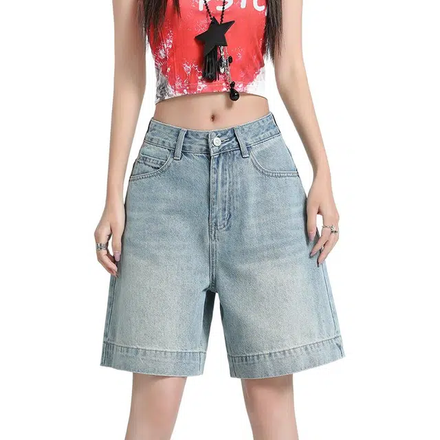 玫丝朵 美式复古浅色时尚百搭休闲阔腿牛仔短裤 女款