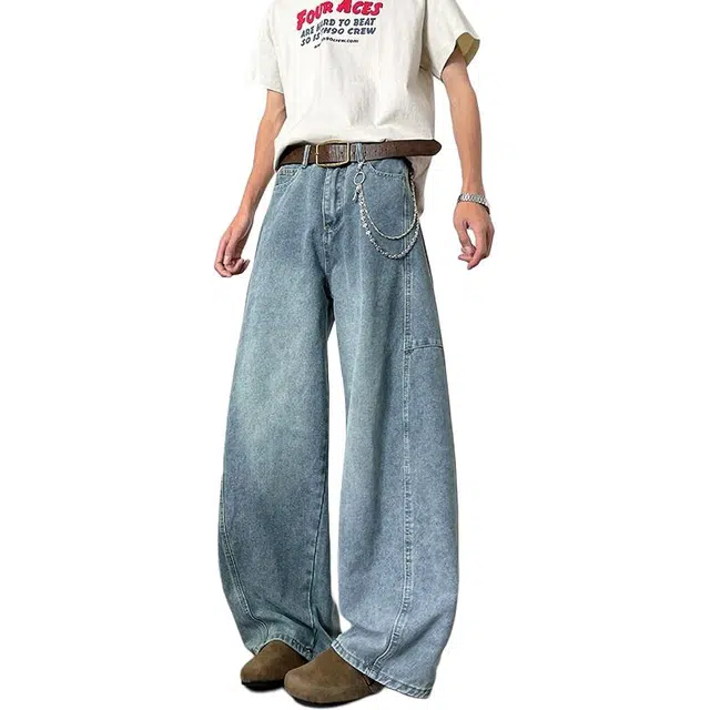 单爵 弯刀薄款宽松高街风垂坠感牛仔裤 男女同款