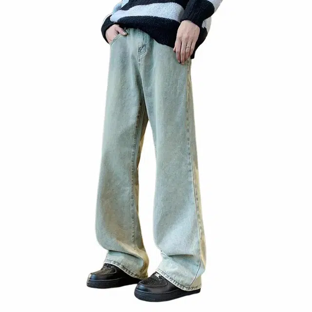 八哥 高街美式纯色复古直筒修身弯刀长裤轻水洗做旧休闲时尚百搭高级感废土风潮流垂感运动弹力高腰牛仔裤 男女同款