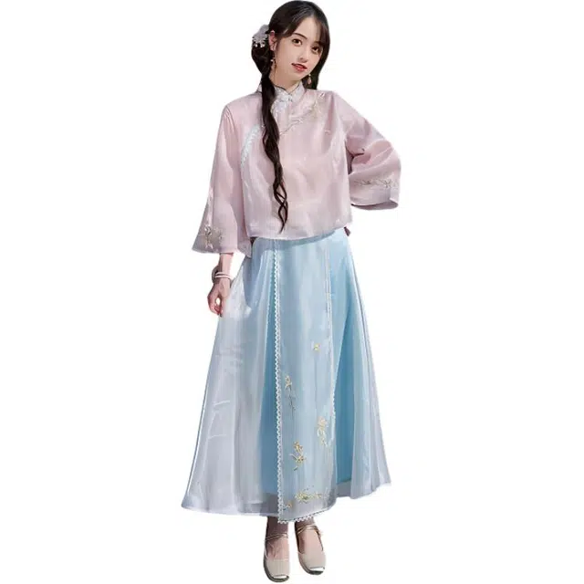 荟萃阁 新中式气质重工立领盘扣斜襟上衣蕾丝刺绣改良半身裙裙装套装 女款