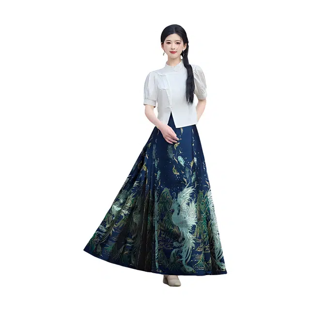 荟萃阁 新中式提花立领国风盘扣短袖上衣一片式织金刺绣马面裙裙装套装 女款