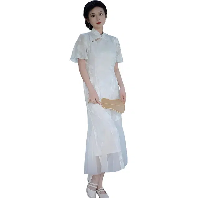 水中花 镂空小清新气质立领舒适鱼尾短袖连衣裙 女款